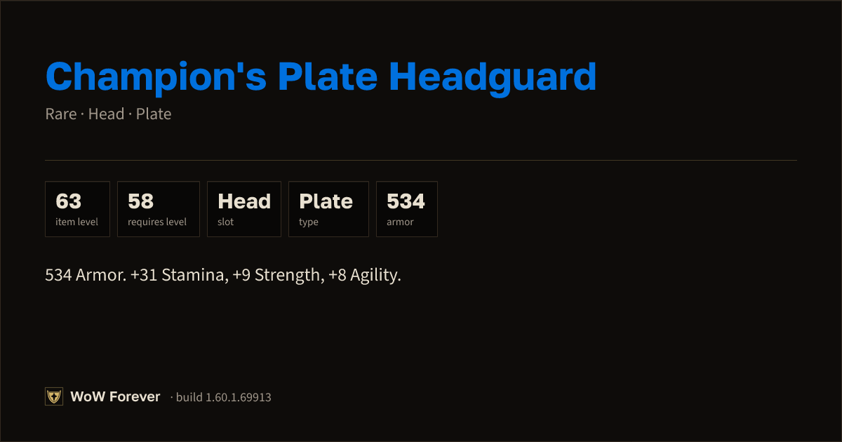 The preview card for Champion's Plate Headguard - Rare Plate Head