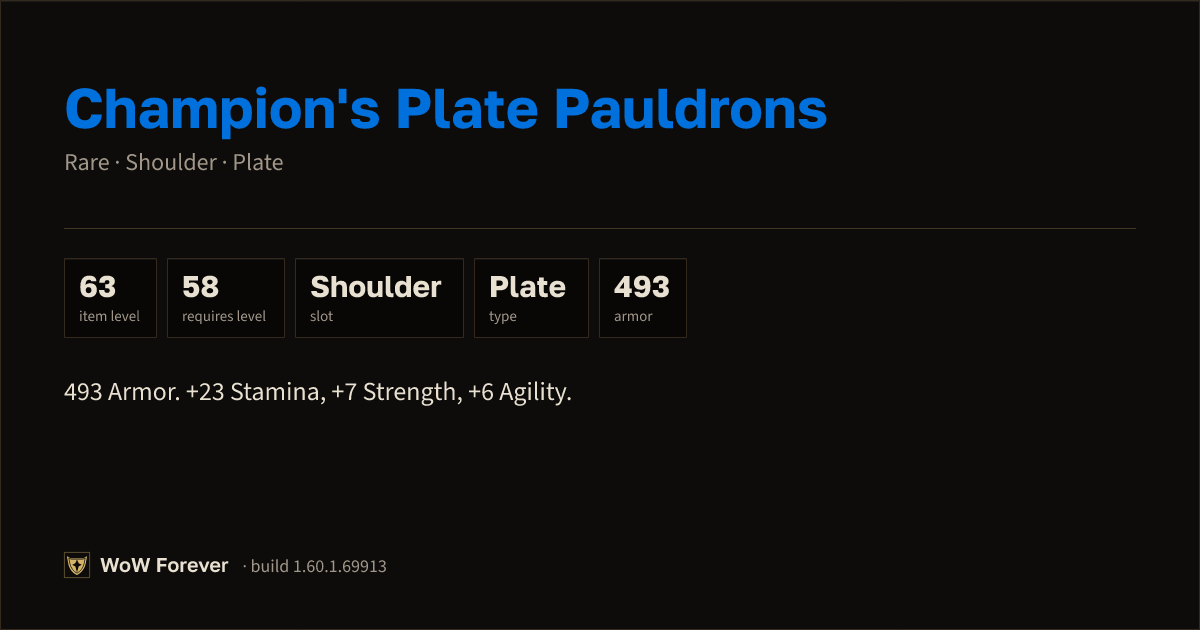 The preview card for Champion's Plate Pauldrons - Rare Plate Shoulder