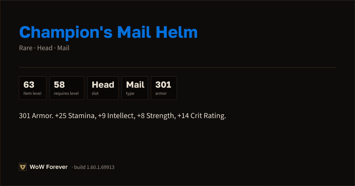 The preview card for Champion's Mail Helm - Rare Mail Head