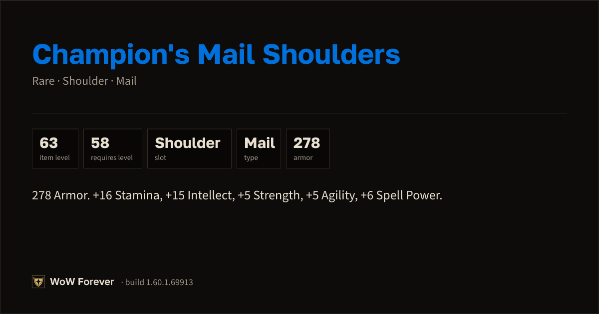 The preview card for Champion's Mail Shoulders - Rare Mail Shoulder