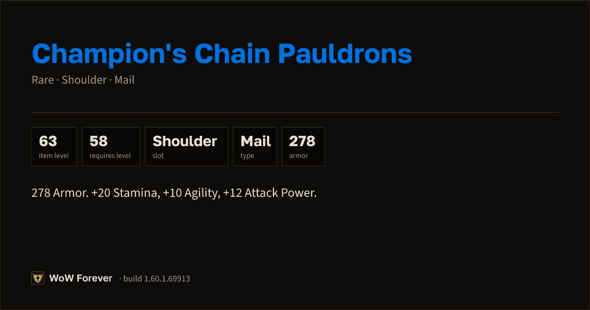 The preview card for Champion's Chain Pauldrons - Rare Mail Shoulder