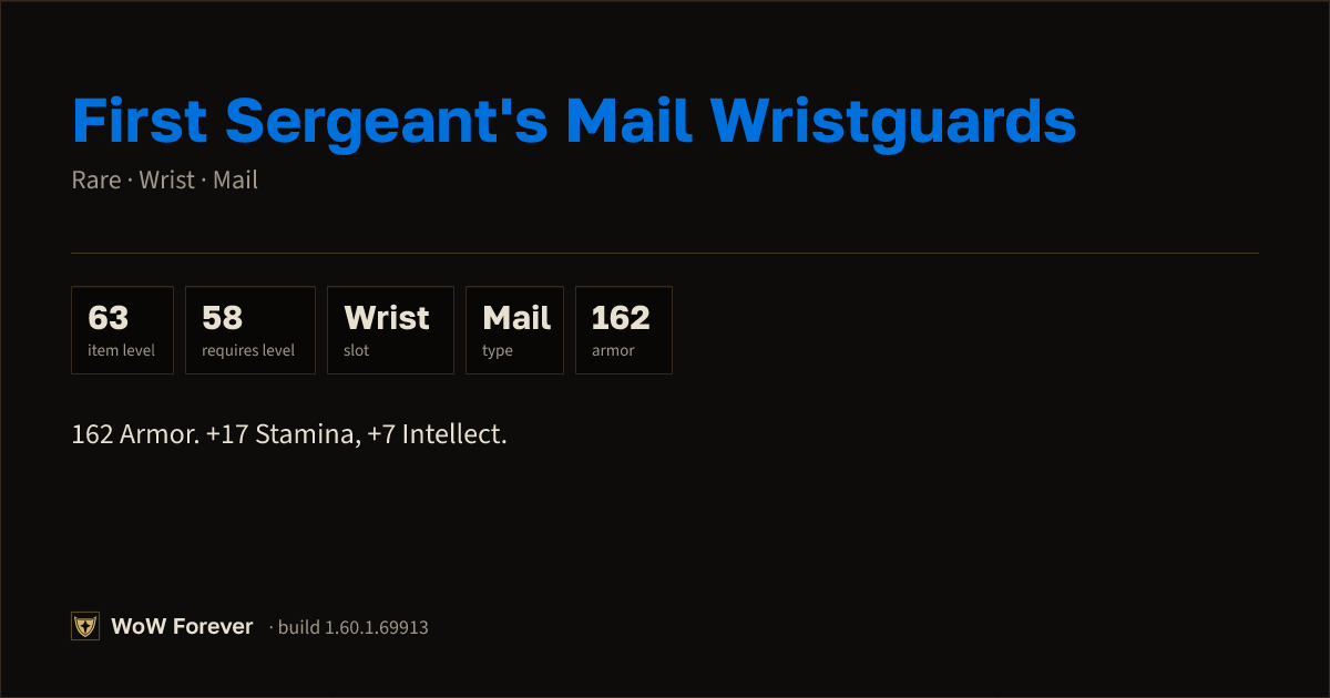 The preview card for First Sergeant's Mail Wristguards (Item level 63)