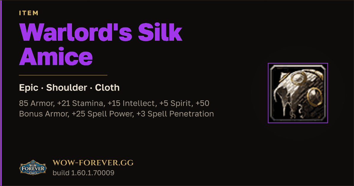 The preview card for Warlord's Silk Amice - Epic Cloth Shoulder