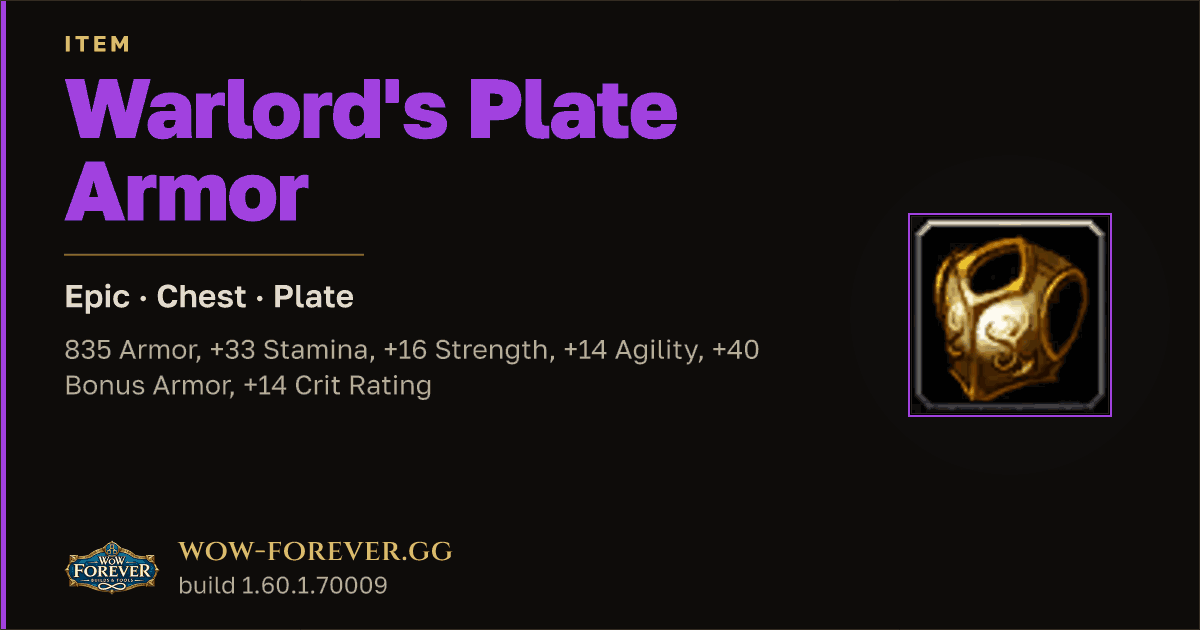 The preview card for Warlord's Plate Armor - Epic Plate Chest