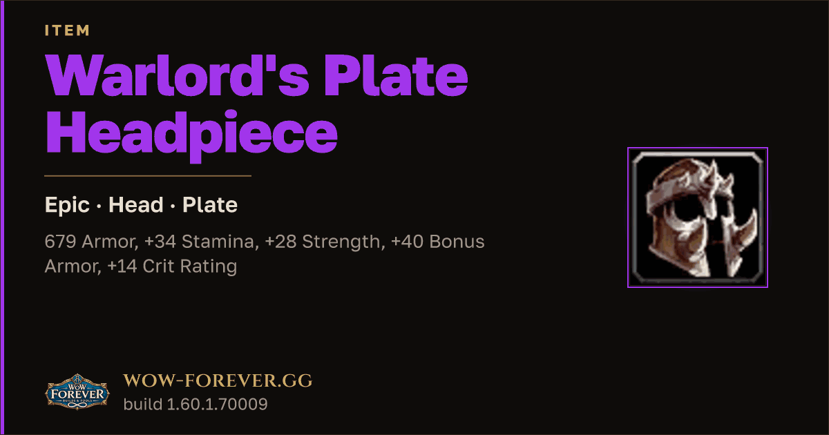 The preview card for Warlord's Plate Headpiece - Epic Plate Head