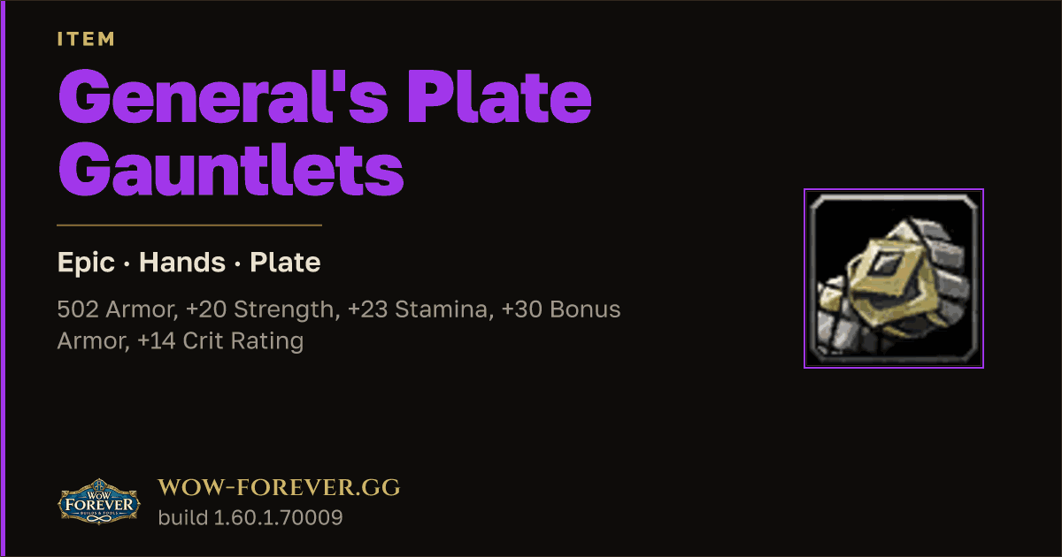 The preview card for General's Plate Gauntlets - Epic Plate Hands