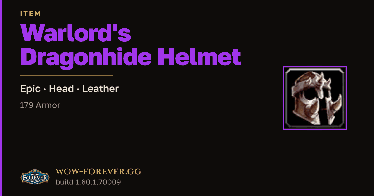 The preview card for Warlord's Dragonhide Helmet - Epic Leather Head
