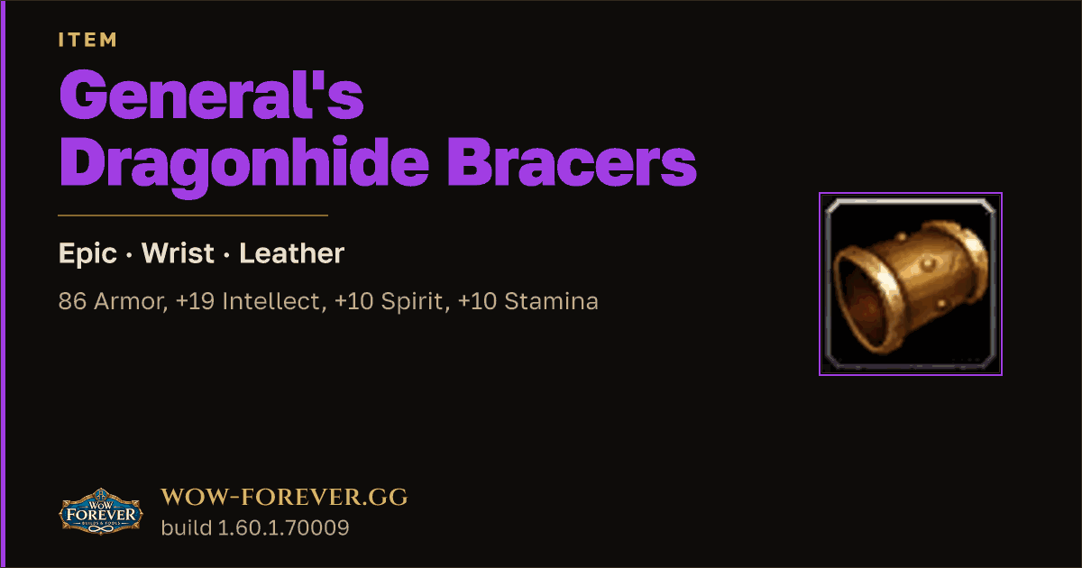 The preview card for General's Dragonhide Bracers - Epic Leather Wrist