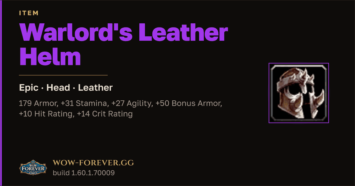 The preview card for Warlord's Leather Helm - Epic Leather Head