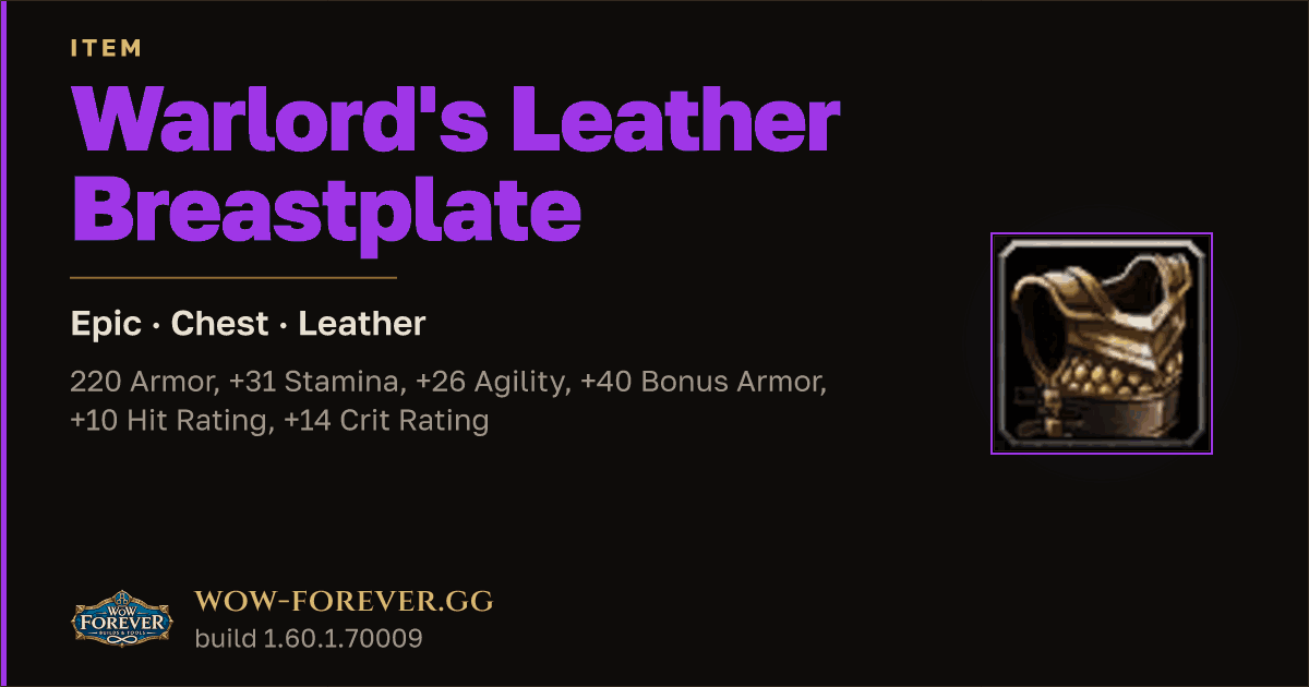The preview card for Warlord's Leather Breastplate - Epic Leather Chest