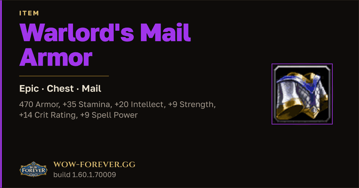 The preview card for Warlord's Mail Armor - Epic Mail Chest