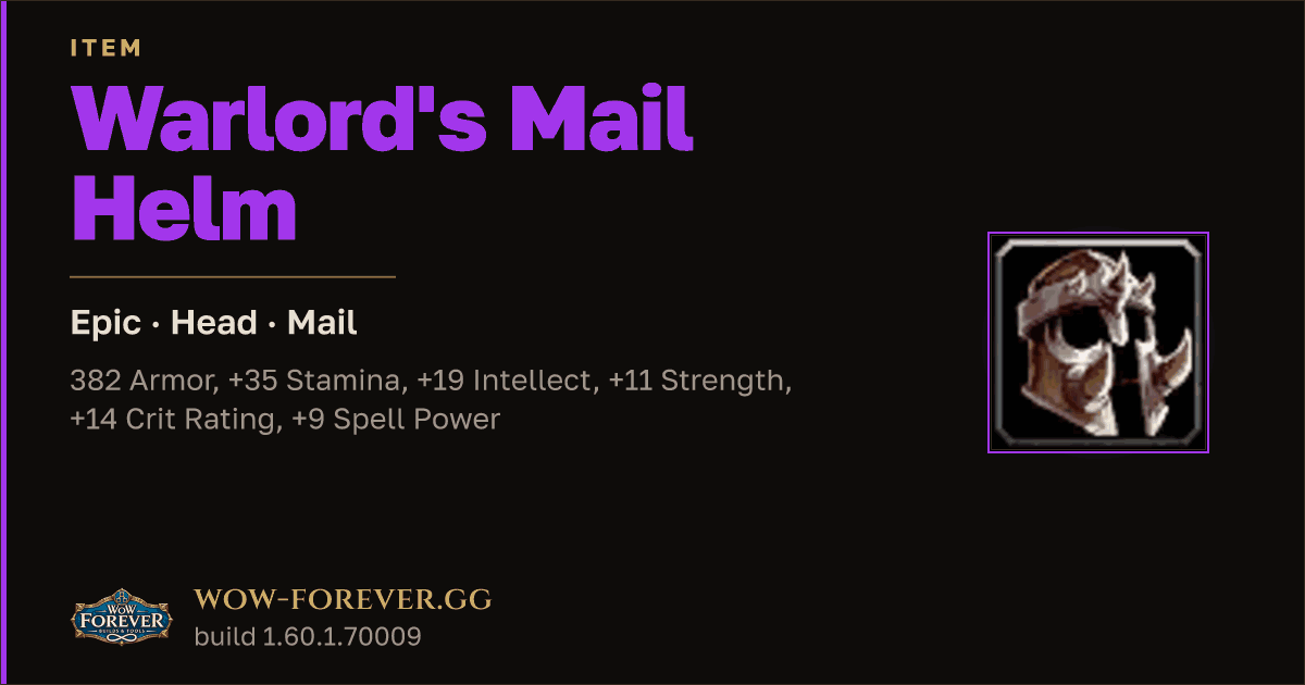 The preview card for Warlord's Mail Helm - Epic Mail Head, Item Level 74