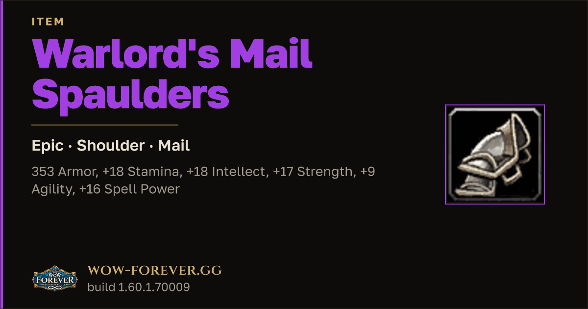 The preview card for Warlord's Mail Spaulders - Epic Mail Shoulder