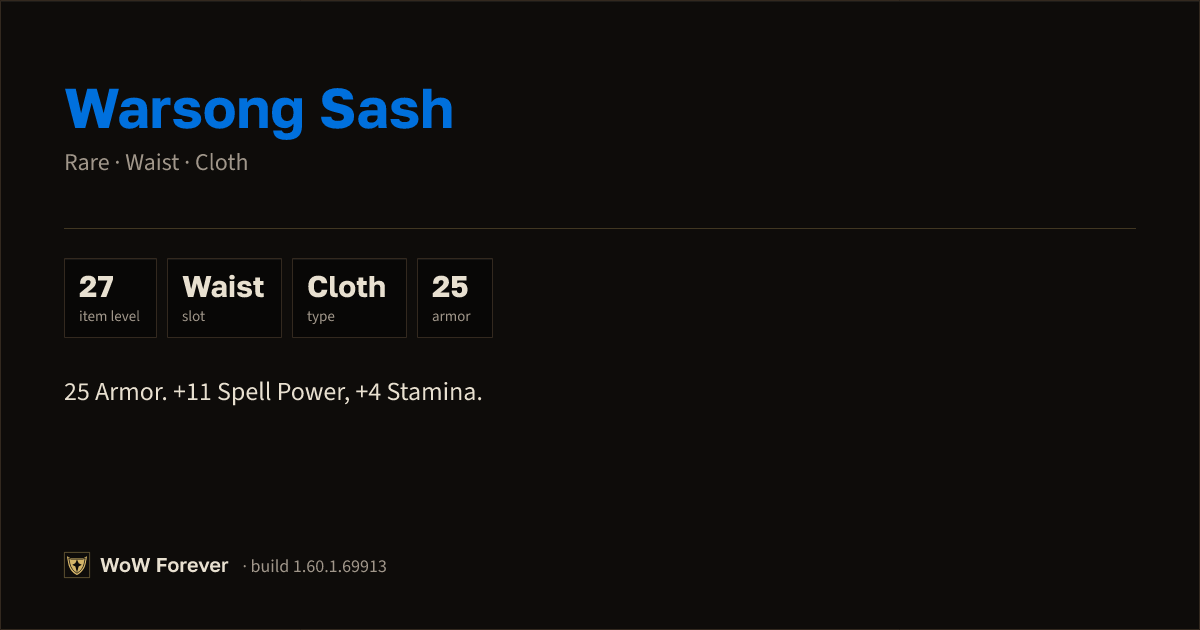 The preview card for Warsong Sash - Rare Cloth Waist, Item Level 27