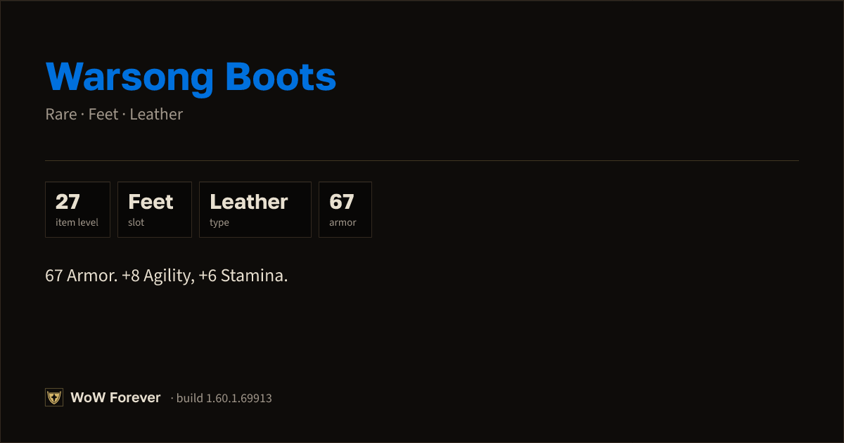 The preview card for Warsong Boots - Rare Leather Feet, Item Level 27