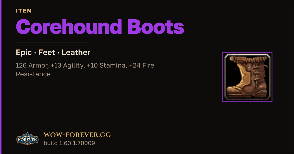 The preview card for Corehound Boots - Epic Leather Feet, Item Level 59