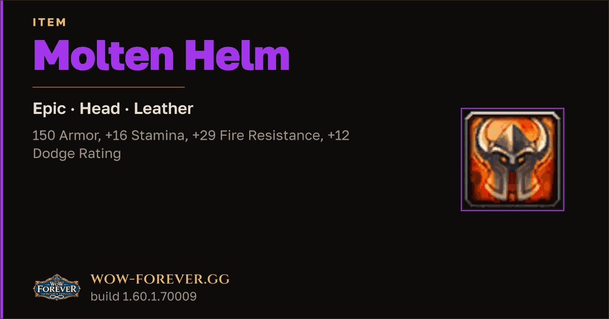 The preview card for Molten Helm - Epic Leather Head, Item Level 60