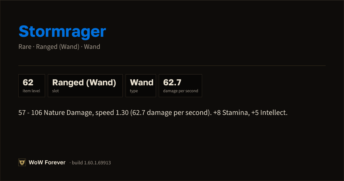 The preview card for Stormrager - Rare Wand, Item Level 62