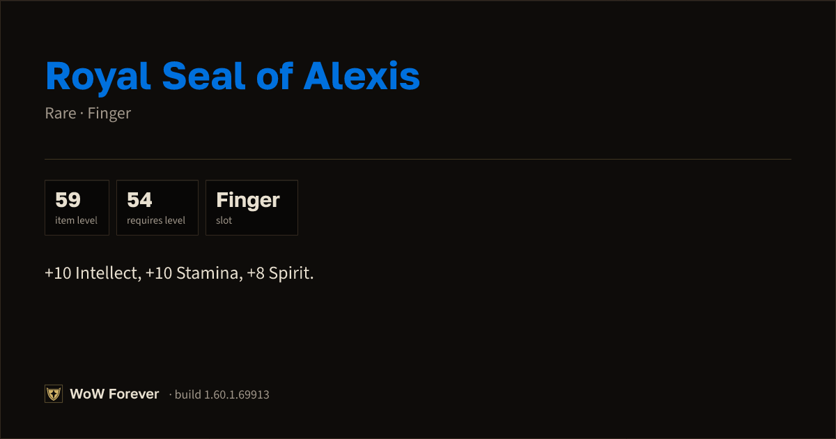 The preview card for Royal Seal of Alexis - Rare Ring, Item Level 59