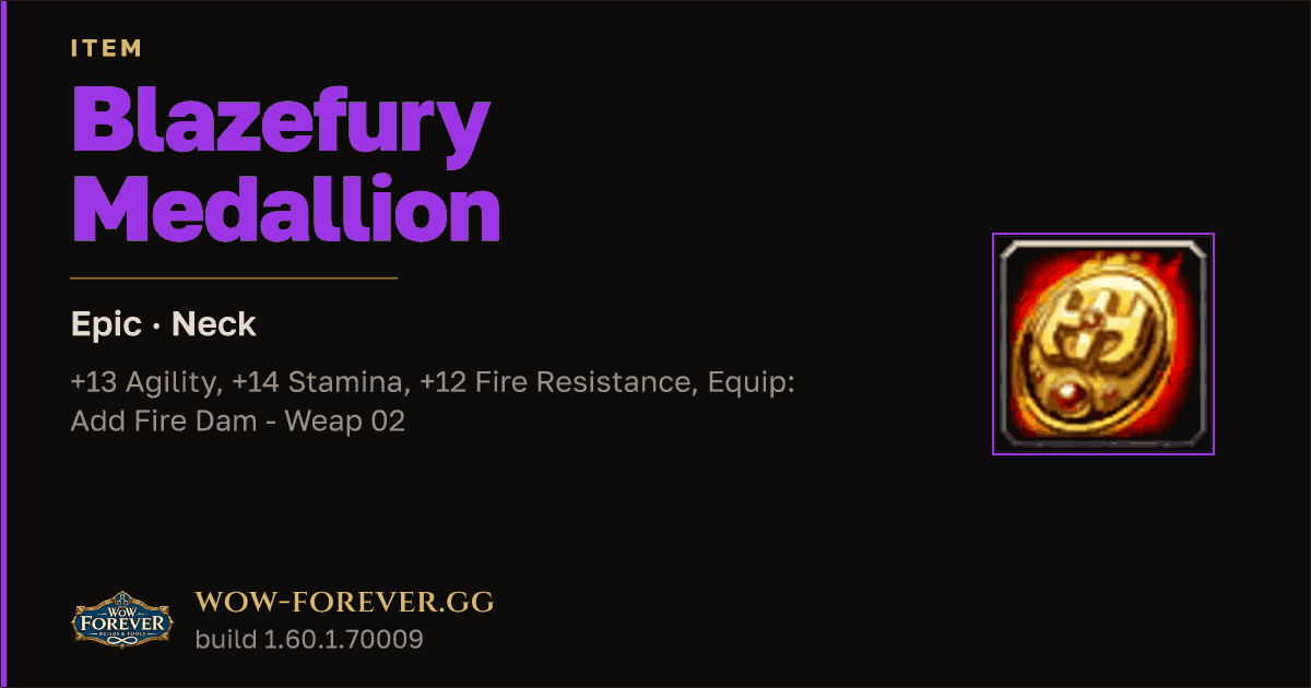 The preview card for Blazefury Medallion - Epic Necklace, Item Level 68