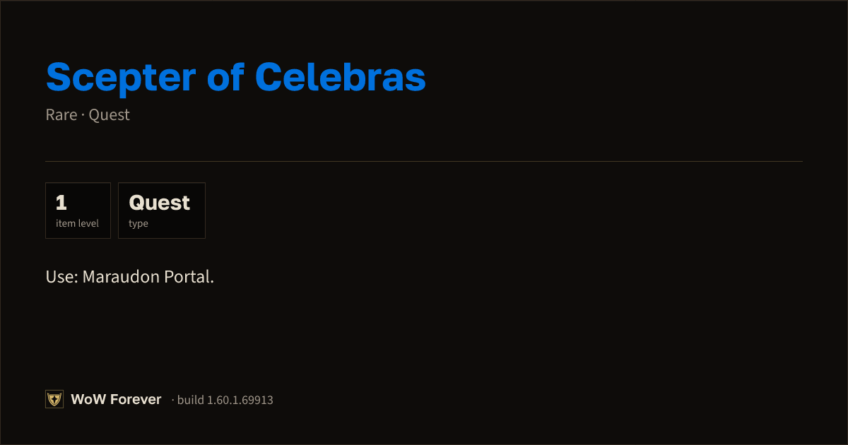 The preview card for Scepter of Celebras - Rare Quest Item, Item Level 1