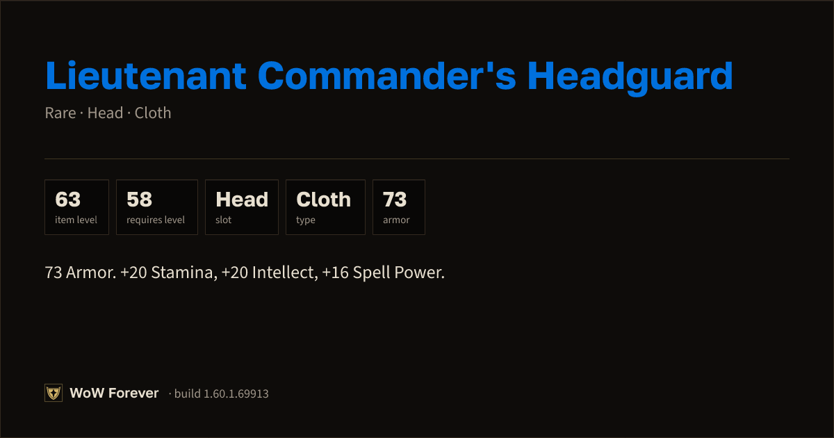 The preview card for Lieutenant Commander's Headguard - Rare Cloth Head