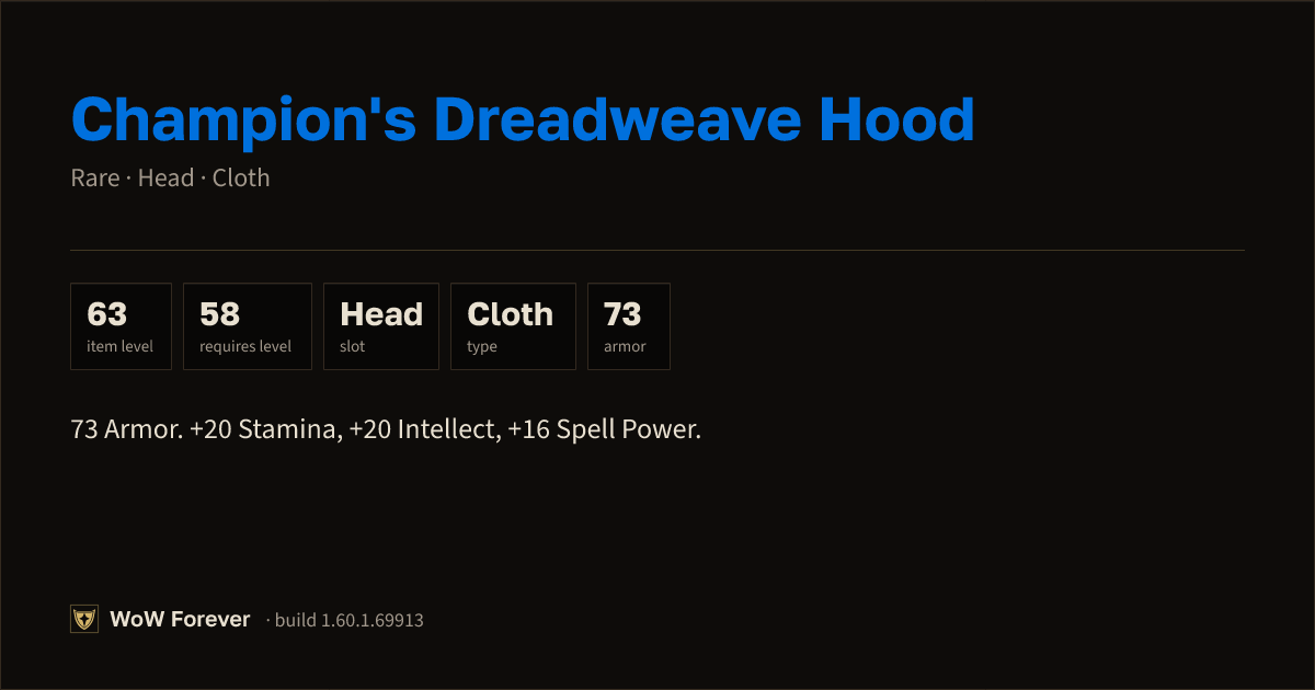 The preview card for Champion's Dreadweave Hood - Rare Cloth Head
