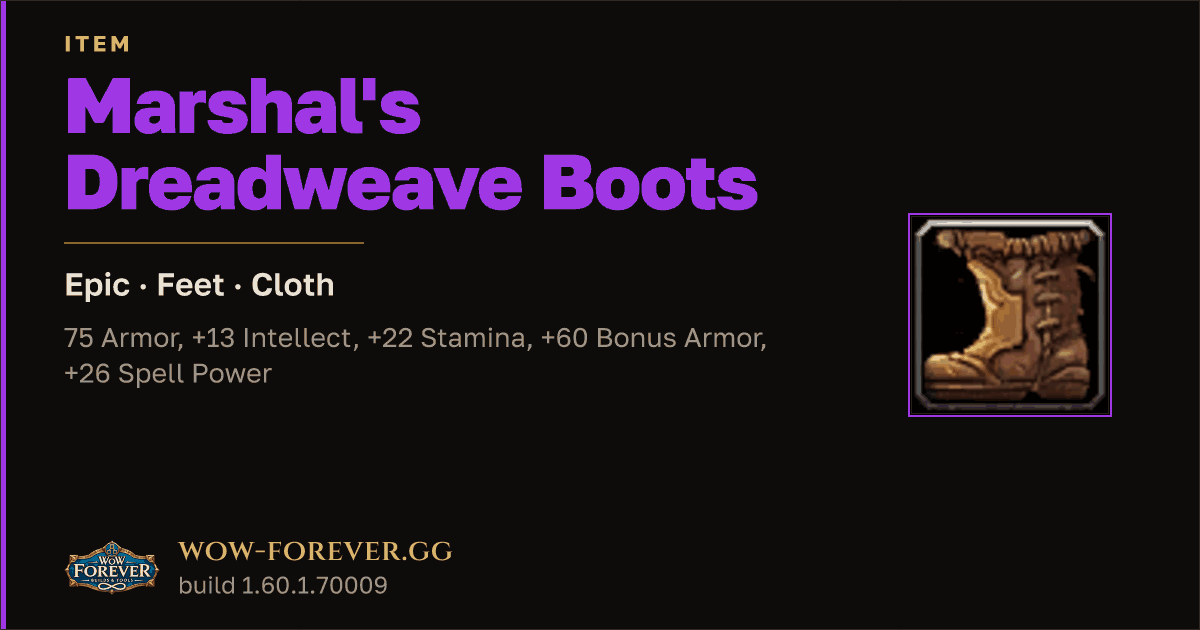 The preview card for Marshal's Dreadweave Boots - Epic Cloth Feet