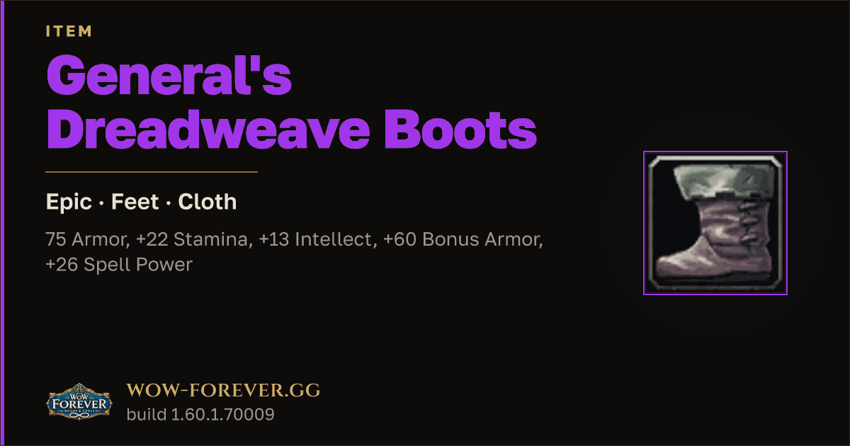 The preview card for General's Dreadweave Boots - Epic Cloth Feet