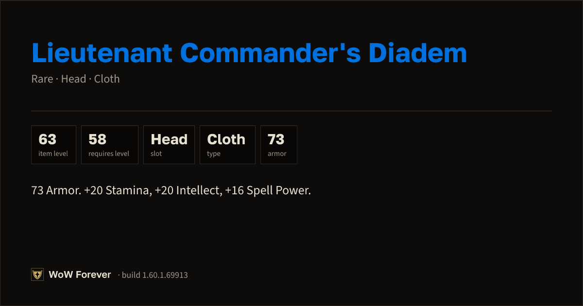 The preview card for Lieutenant Commander's Diadem - Rare Cloth Head
