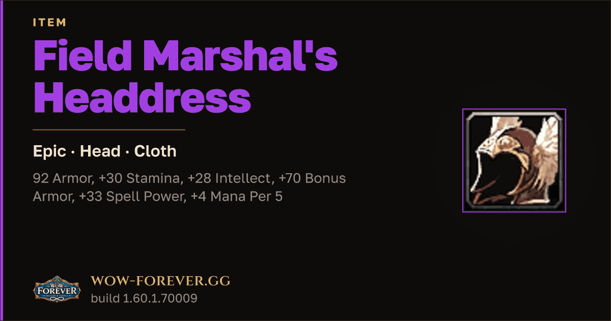 The preview card for Field Marshal's Headdress - Epic Cloth Head