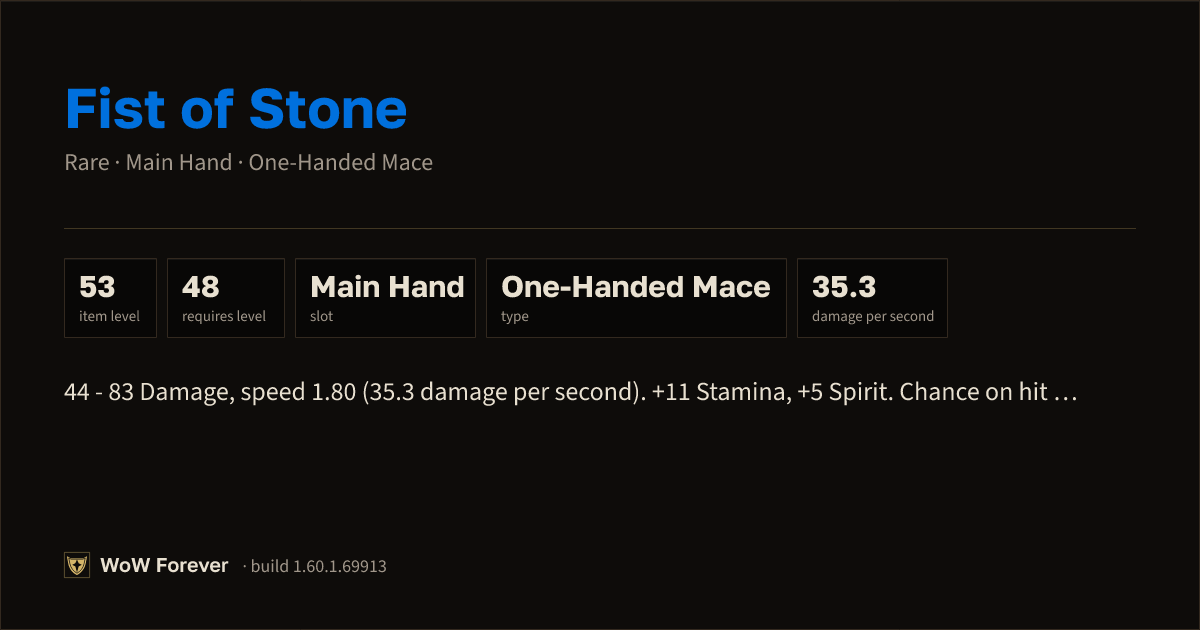 The preview card for Fist of Stone - Rare Main-Hand Mace, Item Level 53