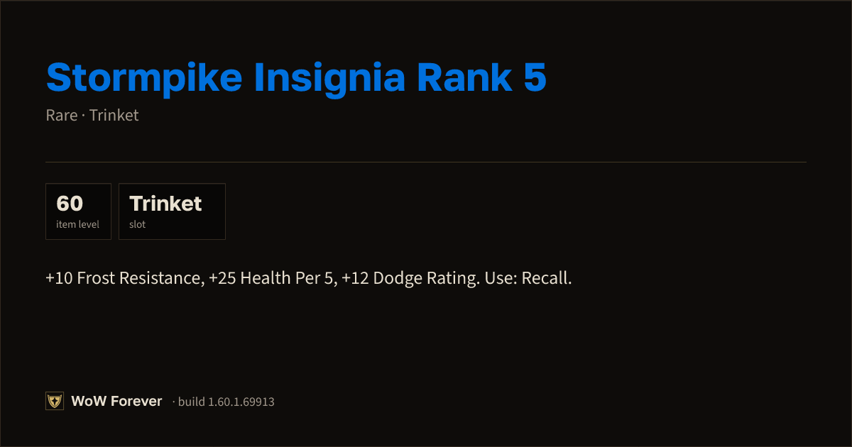 The preview card for Stormpike Insignia Rank 5 - Rare Trinket