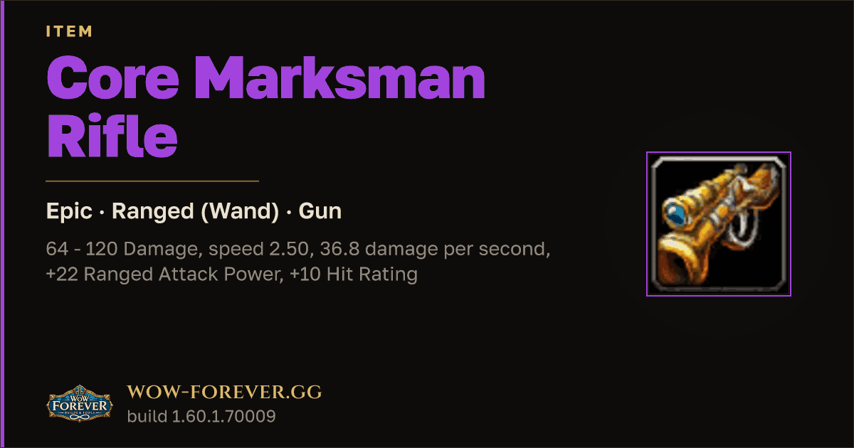 The preview card for Core Marksman Rifle - Epic Gun, Item Level 65