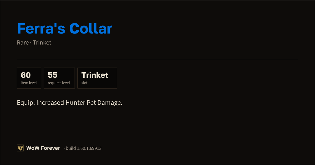 The preview card for Ferra's Collar - Rare Trinket, Item Level 60