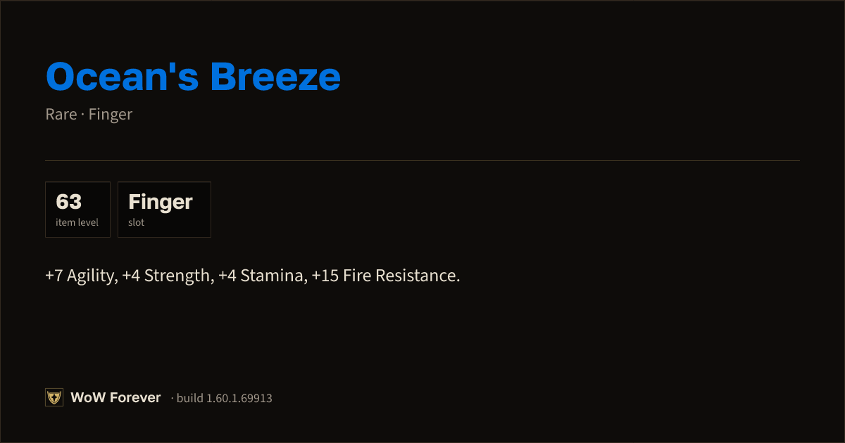 The preview card for Ocean's Breeze - Rare Ring, Item Level 63