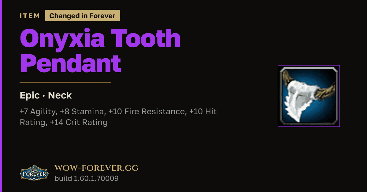 The preview card for Onyxia Tooth Pendant - Epic Necklace, Item Level 65