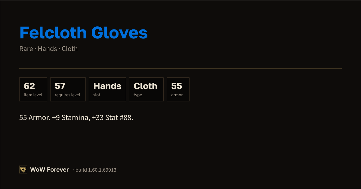 The preview card for Felcloth Gloves - Rare Cloth Hands, Item Level 62