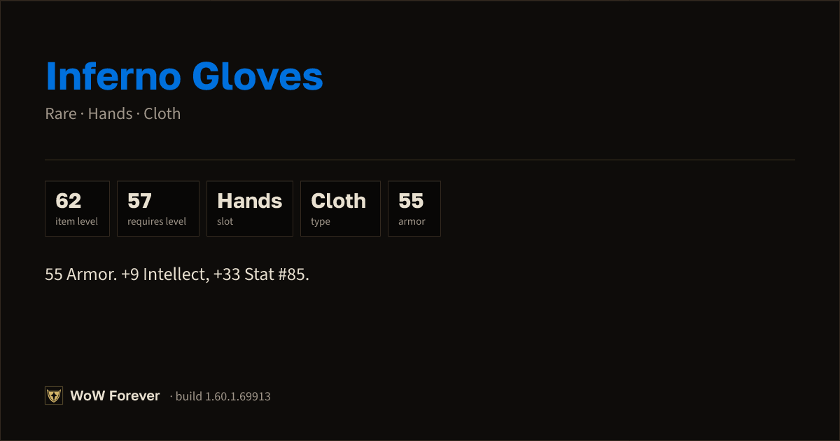 The preview card for Inferno Gloves - Rare Cloth Hands, Item Level 62