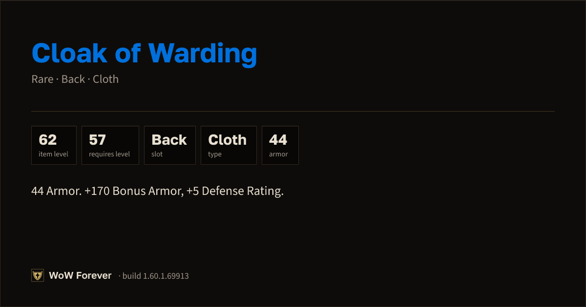The preview card for Cloak of Warding - Rare Cloak, Item Level 62