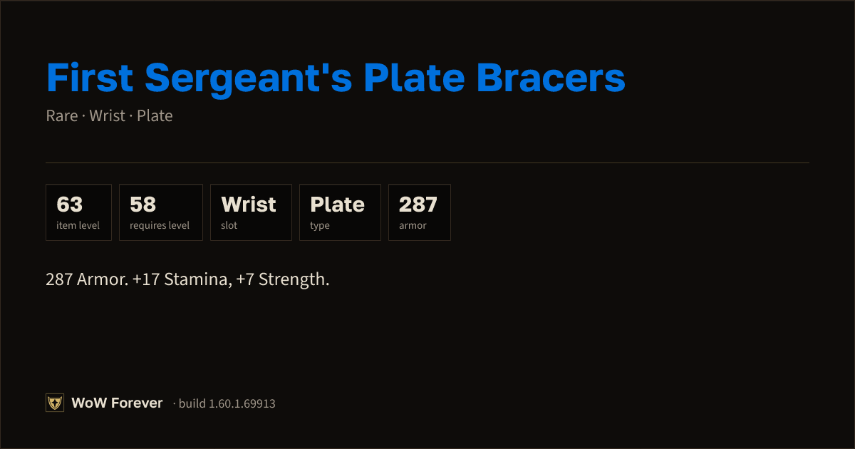 The preview card for First Sergeant's Plate Bracers (Item level 63)