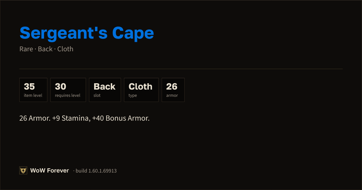 The preview card for Sergeant's Cape - Rare Cloak, Item Level 35