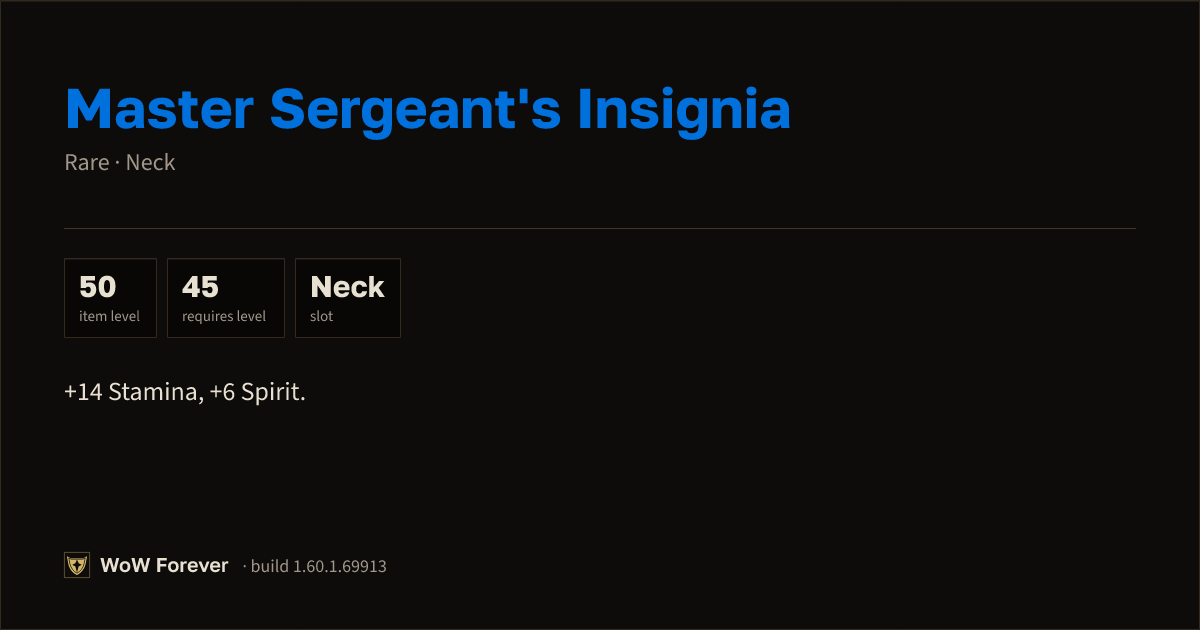 The preview card for Master Sergeant's Insignia (Item level 50)