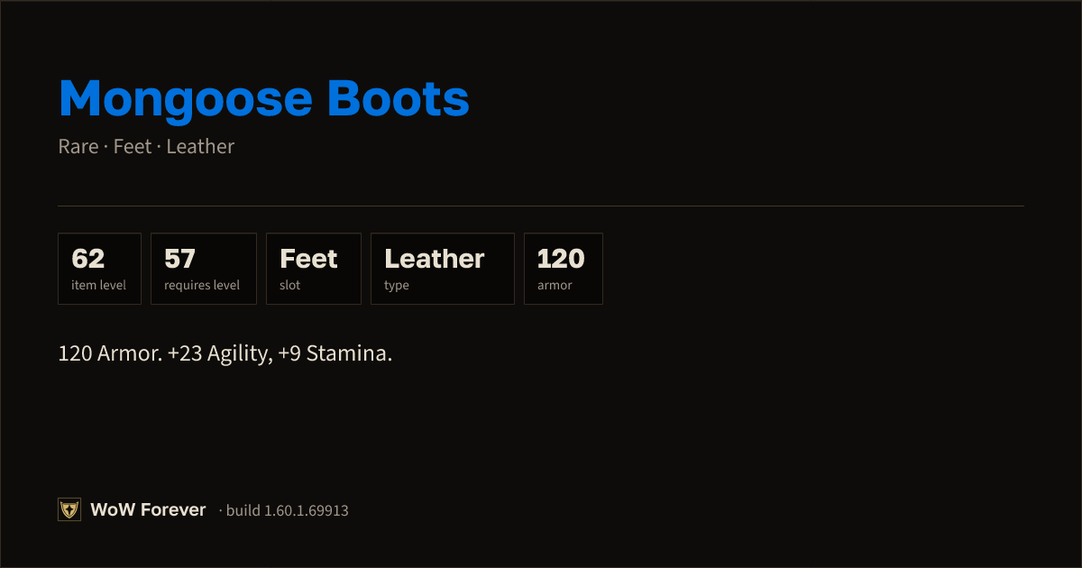 The preview card for Mongoose Boots - Rare Leather Feet, Item Level 62