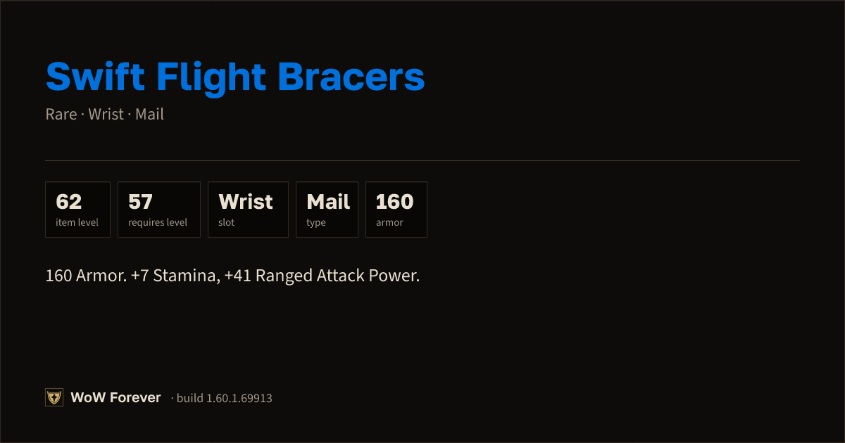The preview card for Swift Flight Bracers - Rare Mail Wrist