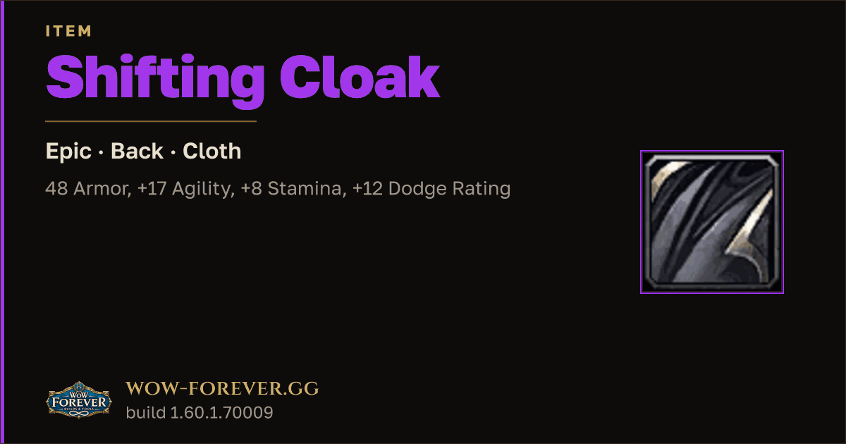 The preview card for Shifting Cloak - Epic Cloak, Item Level 62