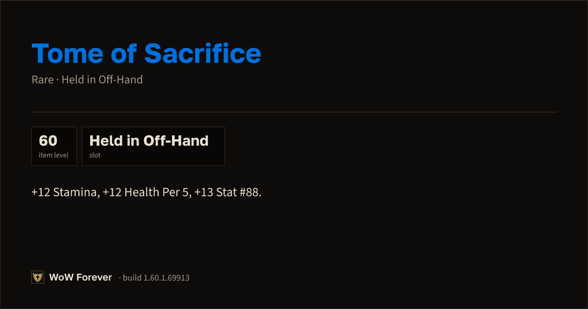 The preview card for Tome of Sacrifice - Rare Off-Hand Item