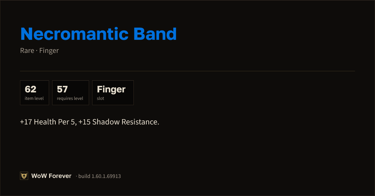 The preview card for Necromantic Band - Rare Ring, Item Level 62