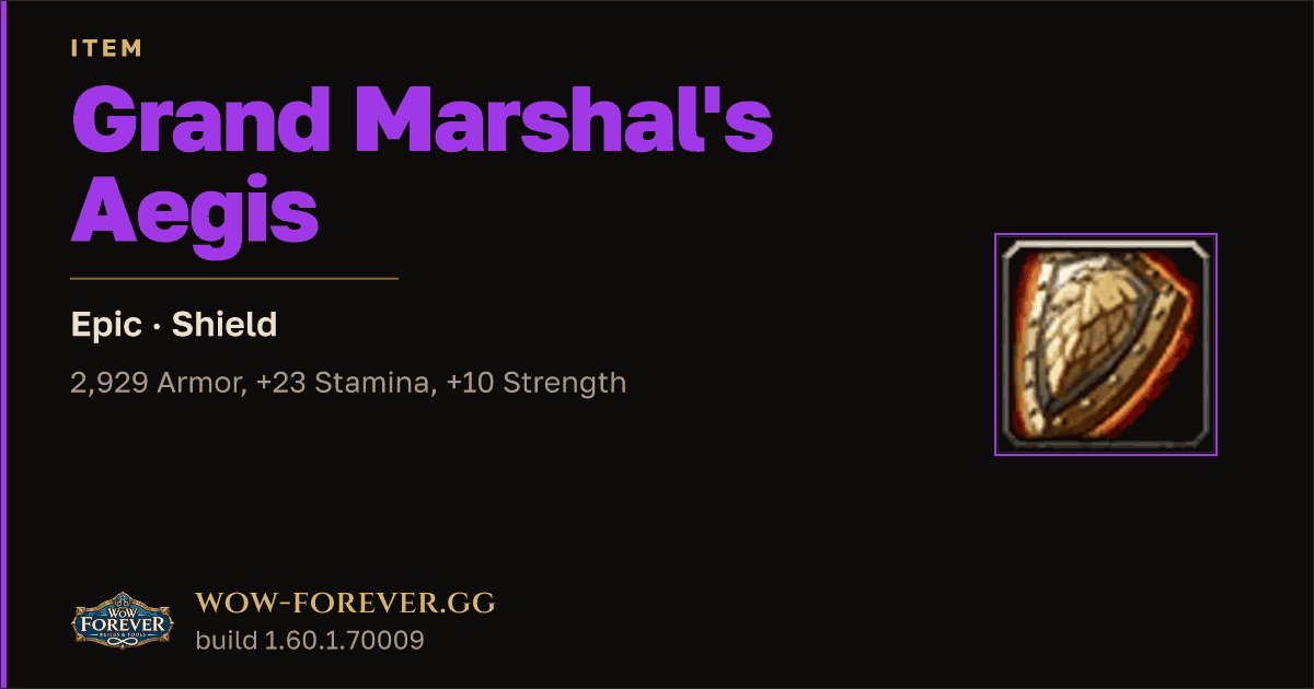The preview card for Grand Marshal's Aegis - Epic Shield, Item Level 78