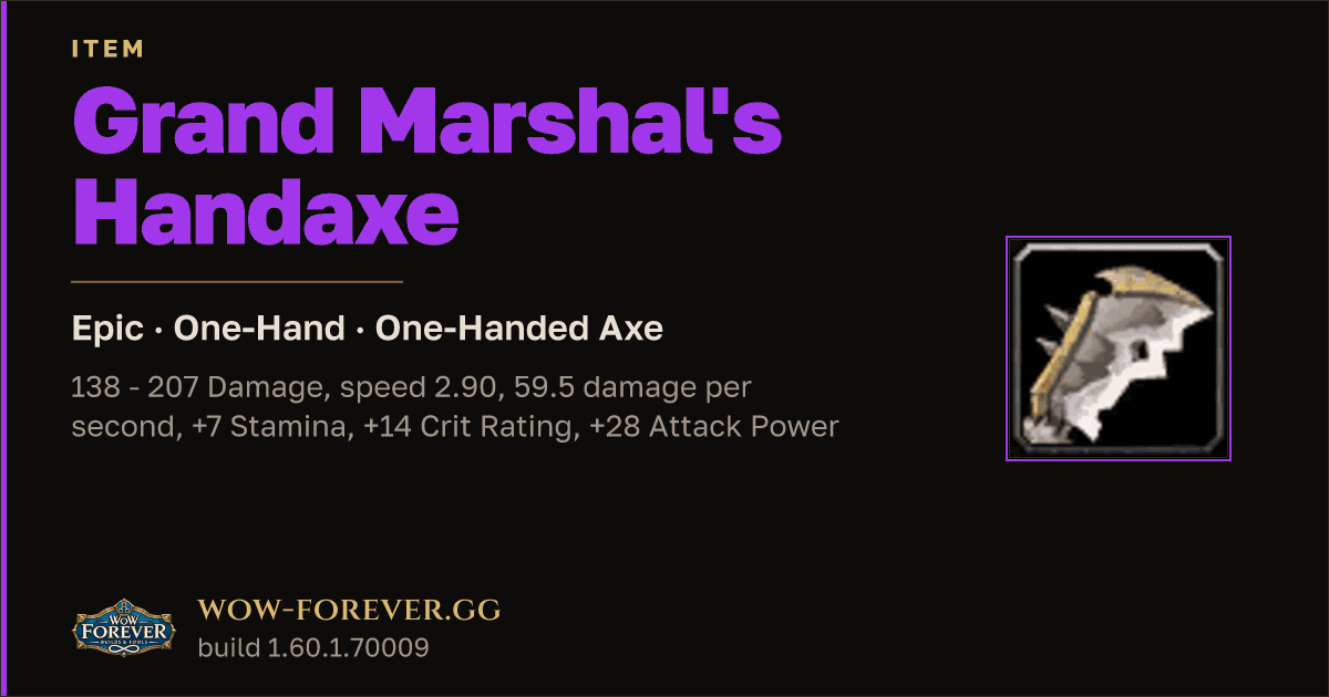 The preview card for Grand Marshal's Handaxe - Epic One-Hand Axe